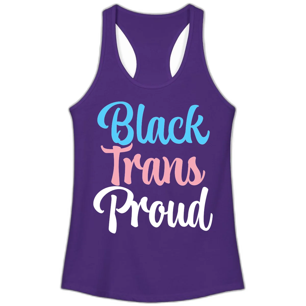 Block Trans Proud design with stacked text in cyan, pink, and white typography on gray background in Solid Purple Rush