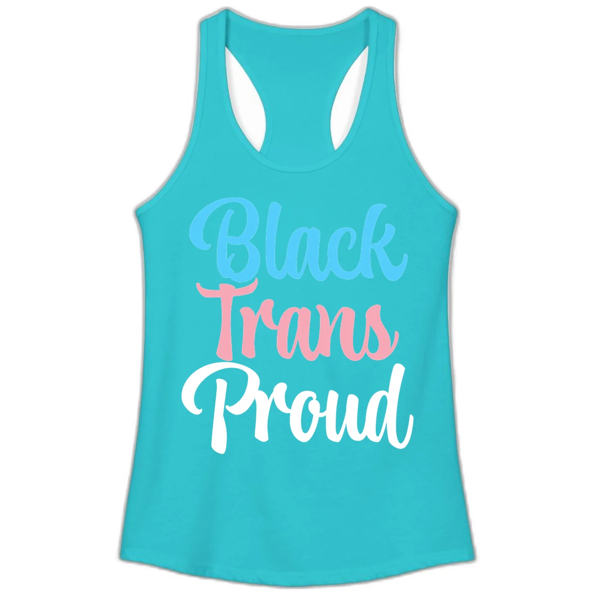 Block Trans Proud design with stacked text in cyan, pink, and white typography on gray background in Solid Tahiti Blue