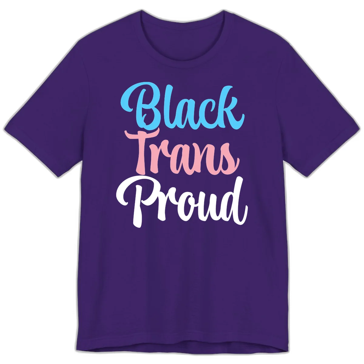 Block Trans Proud design with stacked text in cyan, pink, and white typography on gray background in Team Purple