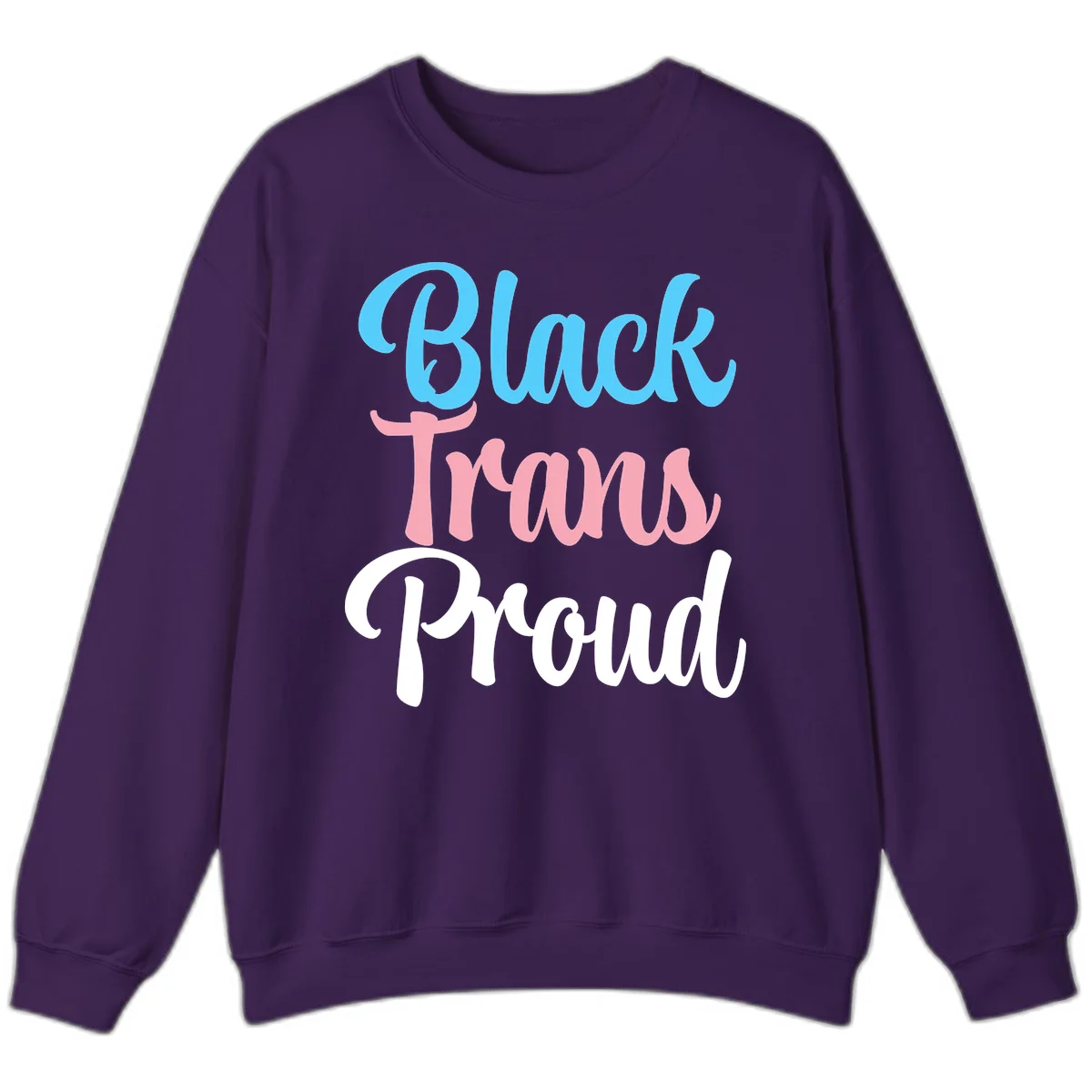 Block Trans Proud design with stacked text in cyan, pink, and white typography on gray background in Purple