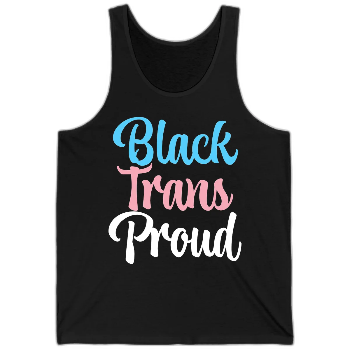 Block Trans Proud design with stacked text in cyan, pink, and white typography on gray background in Black