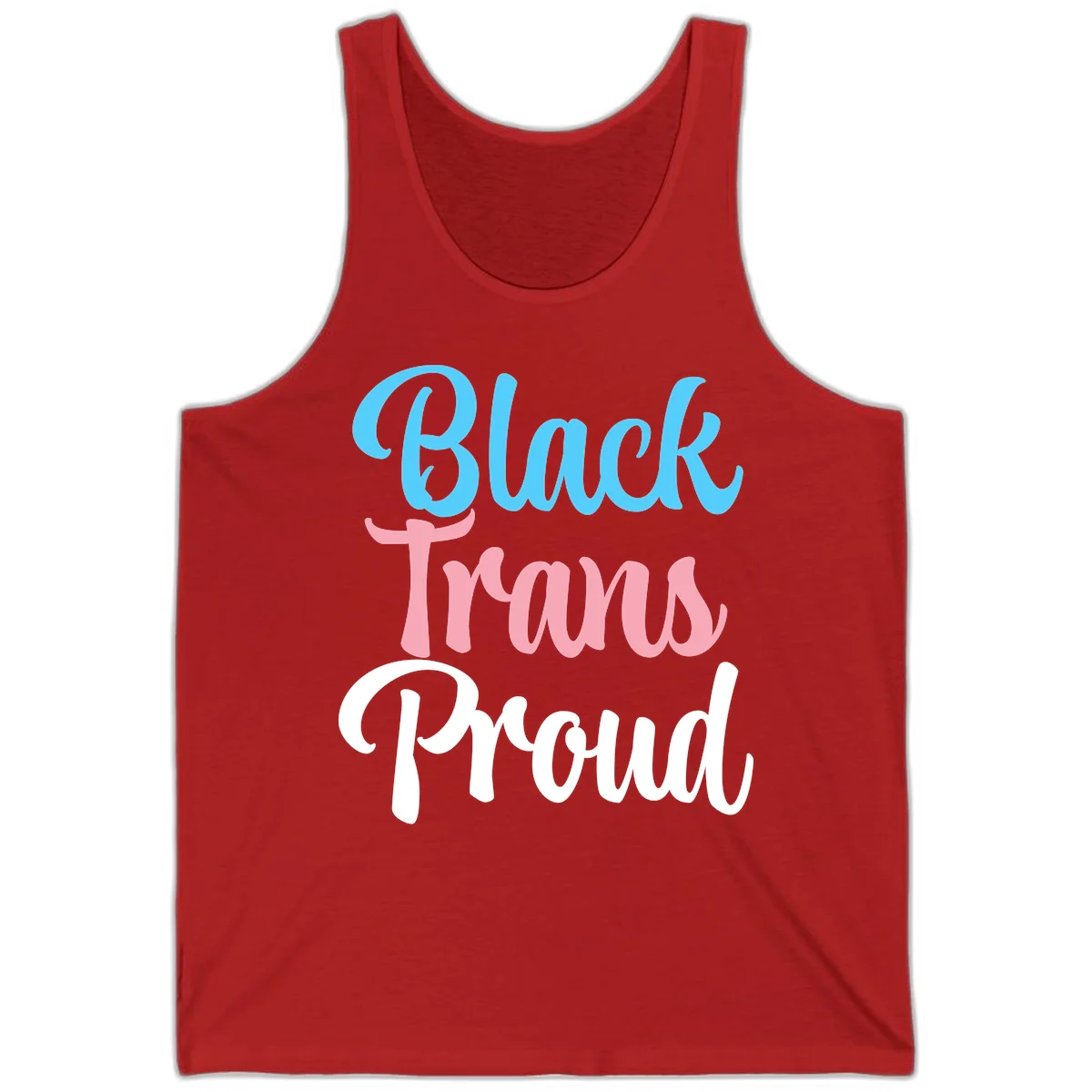 Block Trans Proud design with stacked text in cyan, pink, and white typography on gray background in Red