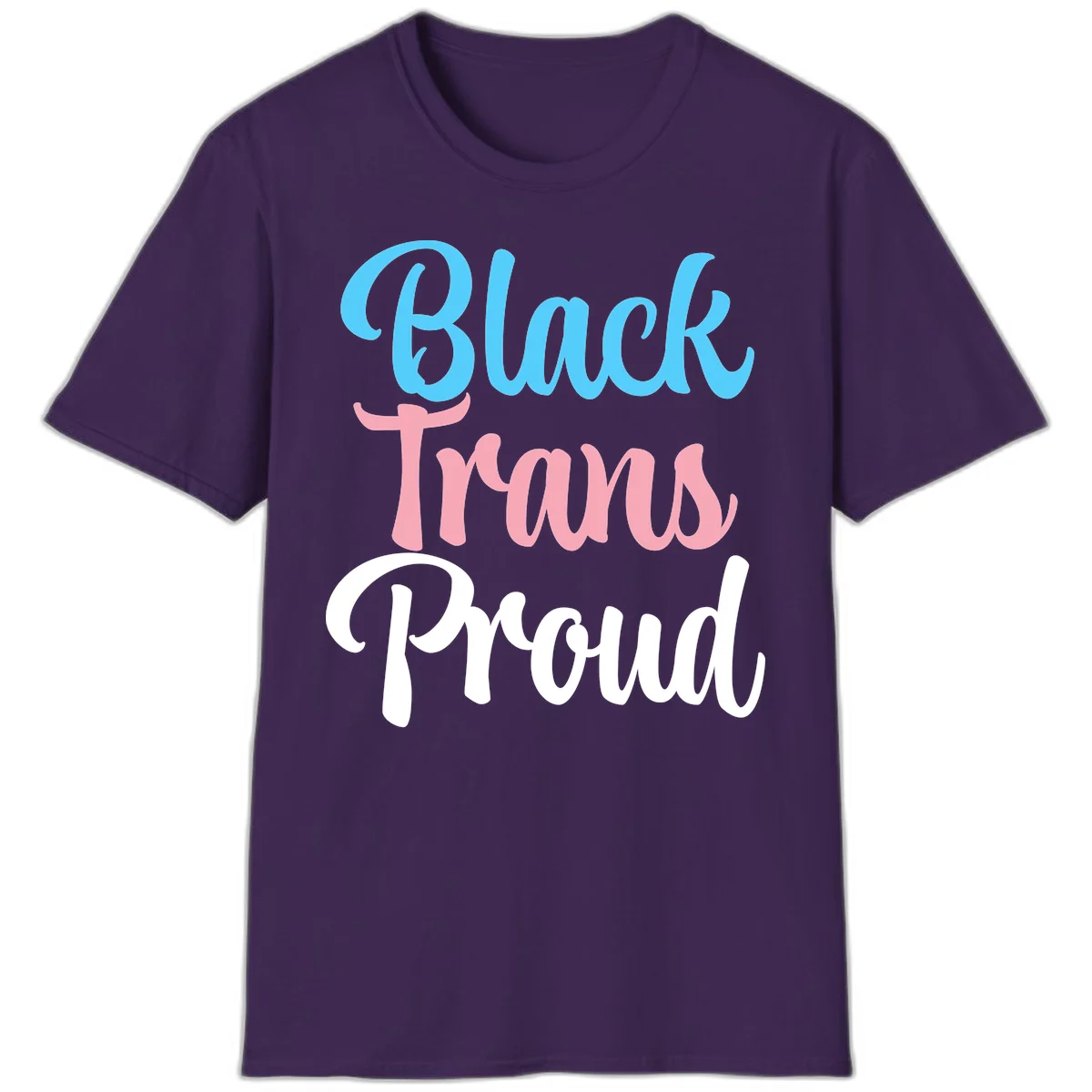 Block Trans Proud design with stacked text in cyan, pink, and white typography on gray background in Purple