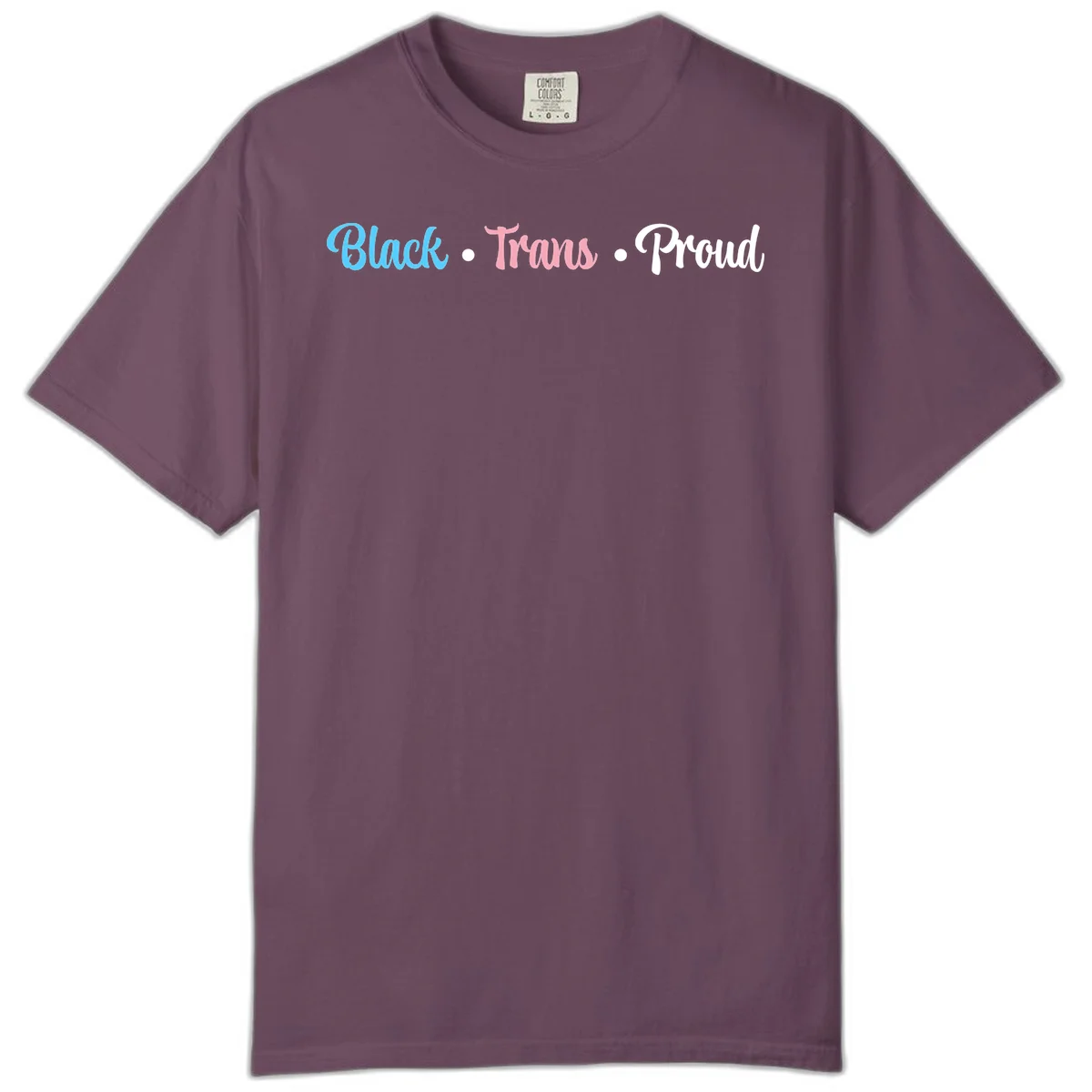 Black Trans Proud design with blue, pink, and white text on gray background, featuring decorative dots in Berry