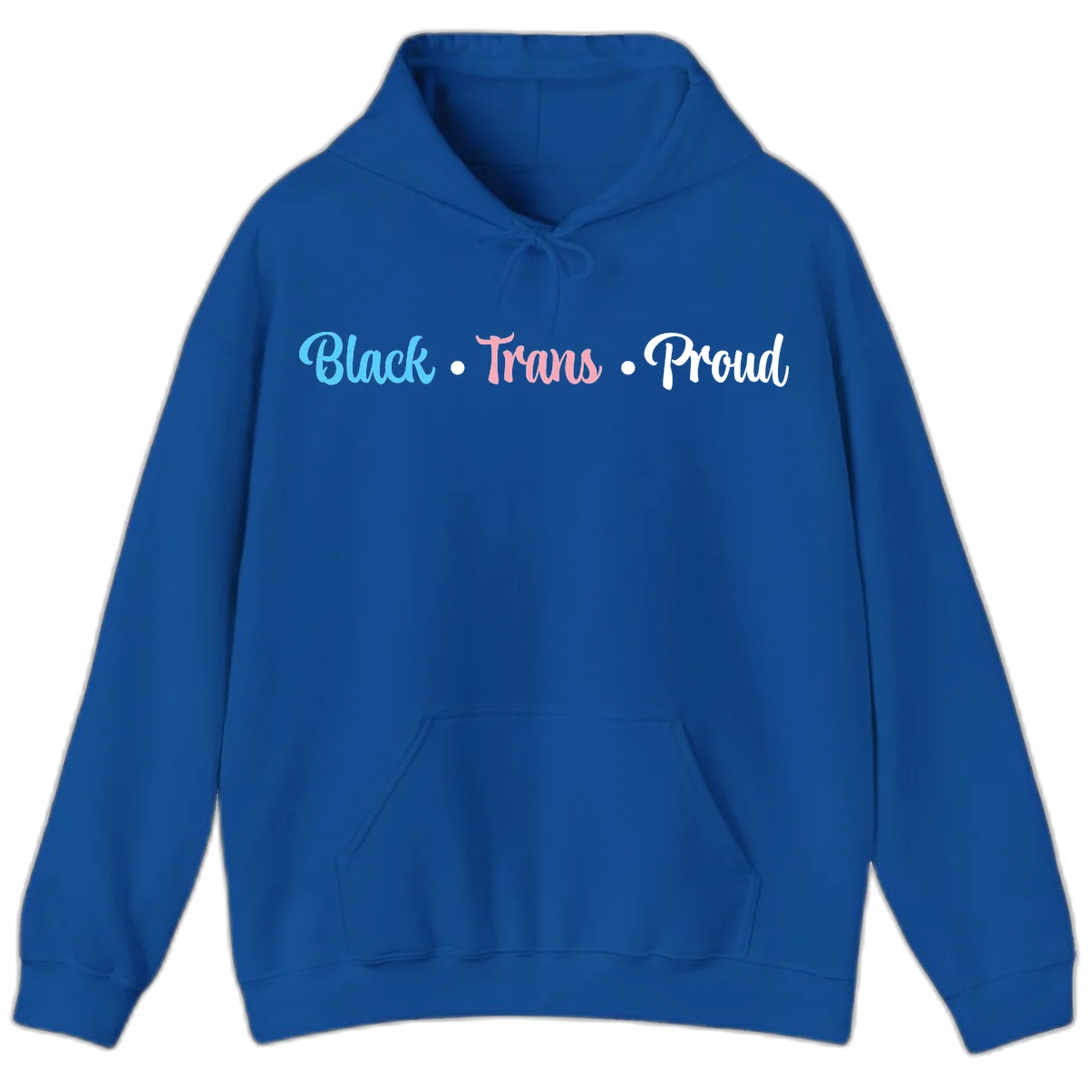 Black Trans Proud design with blue, pink, and white text on gray background, featuring decorative dots in Royal