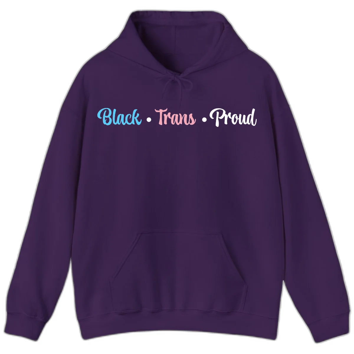 Black Trans Proud design with blue, pink, and white text on gray background, featuring decorative dots in Purple