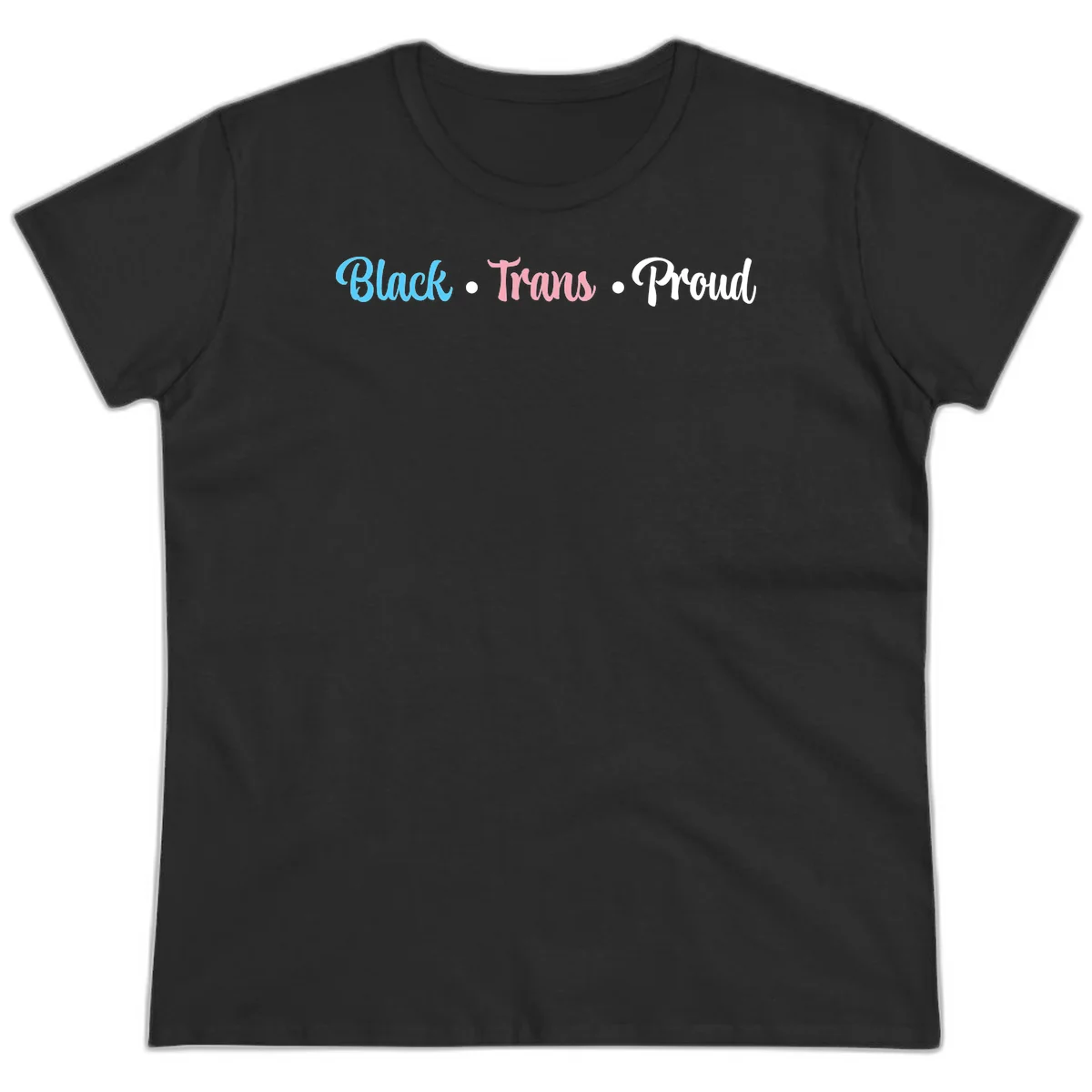 Black Trans Proud design with blue, pink, and white text on gray background, featuring decorative dots in Black