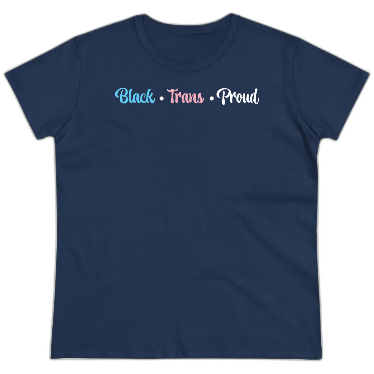 Black Trans Proud design with blue, pink, and white text on gray background, featuring decorative dots in Navy