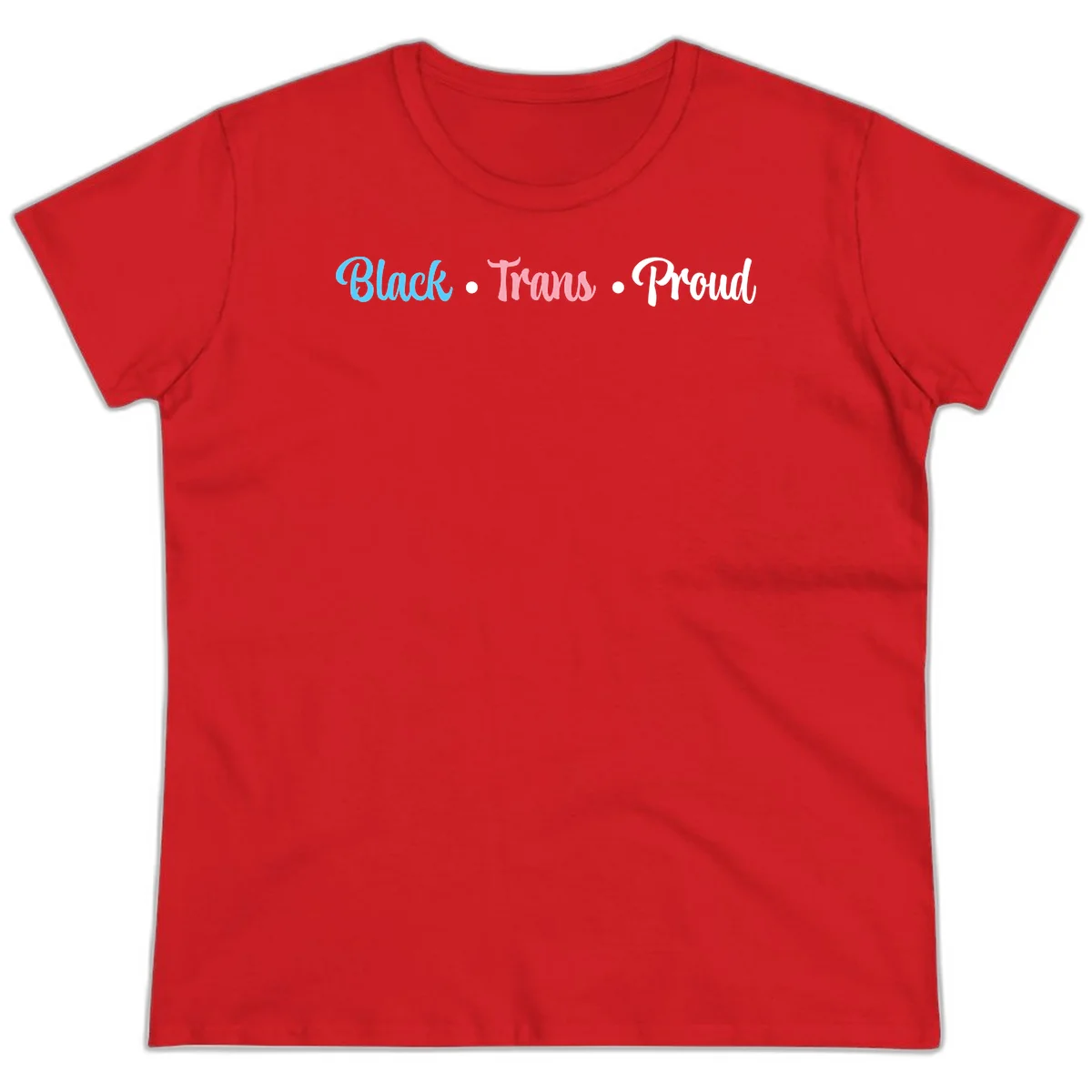 Black Trans Proud design with blue, pink, and white text on gray background, featuring decorative dots in Red