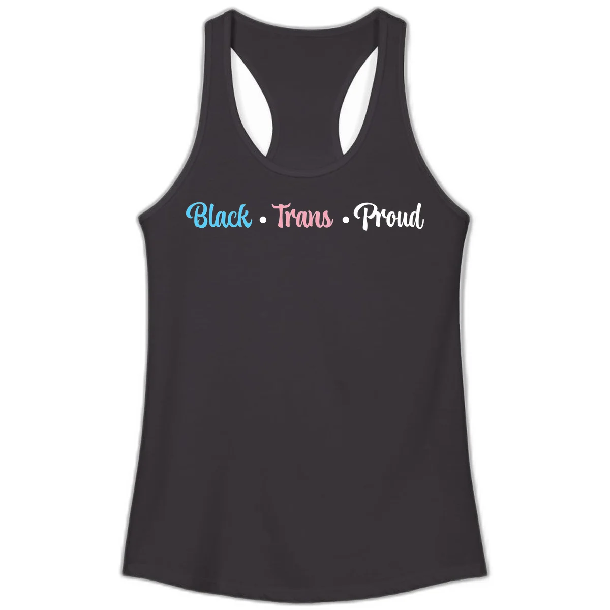 Black Trans Proud design with blue, pink, and white text on gray background, featuring decorative dots in Black