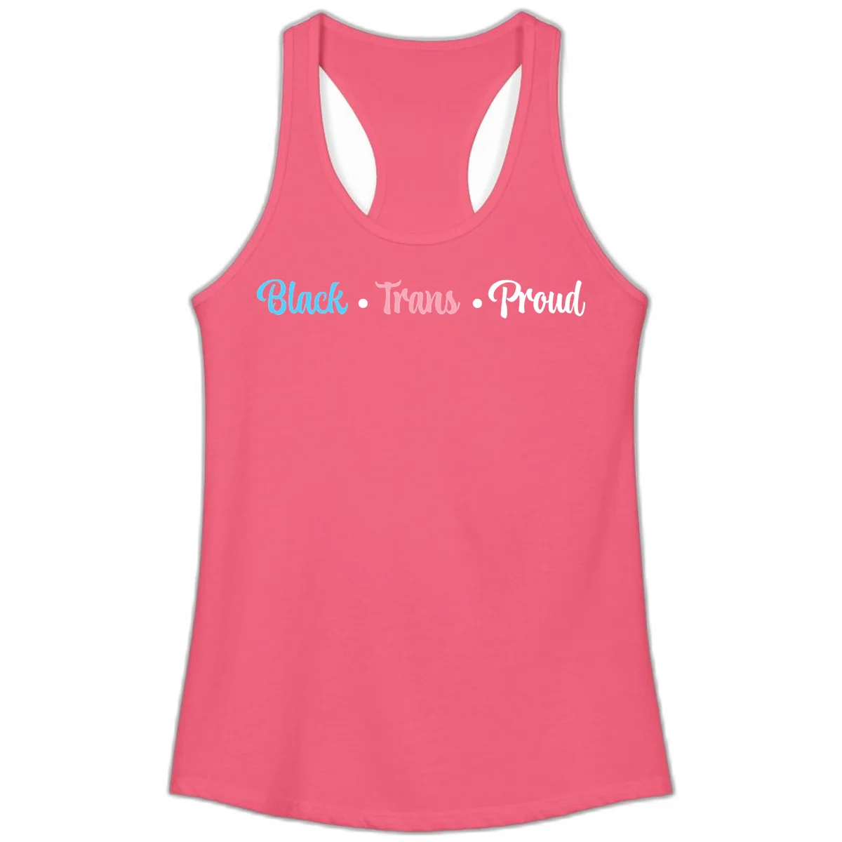 Black Trans Proud design with blue, pink, and white text on gray background, featuring decorative dots in Hot Pink
