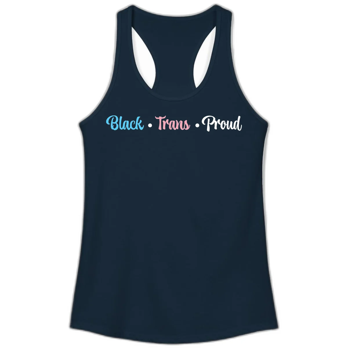 Black Trans Proud design with blue, pink, and white text on gray background, featuring decorative dots in Solid Midnight Navy