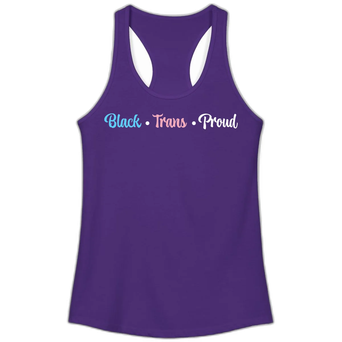 Black Trans Proud design with blue, pink, and white text on gray background, featuring decorative dots in Solid Purple Rush