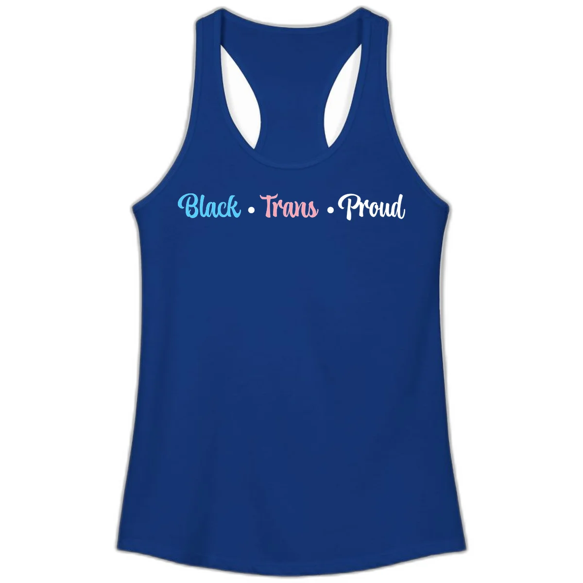 Black Trans Proud design with blue, pink, and white text on gray background, featuring decorative dots in Solid Royal