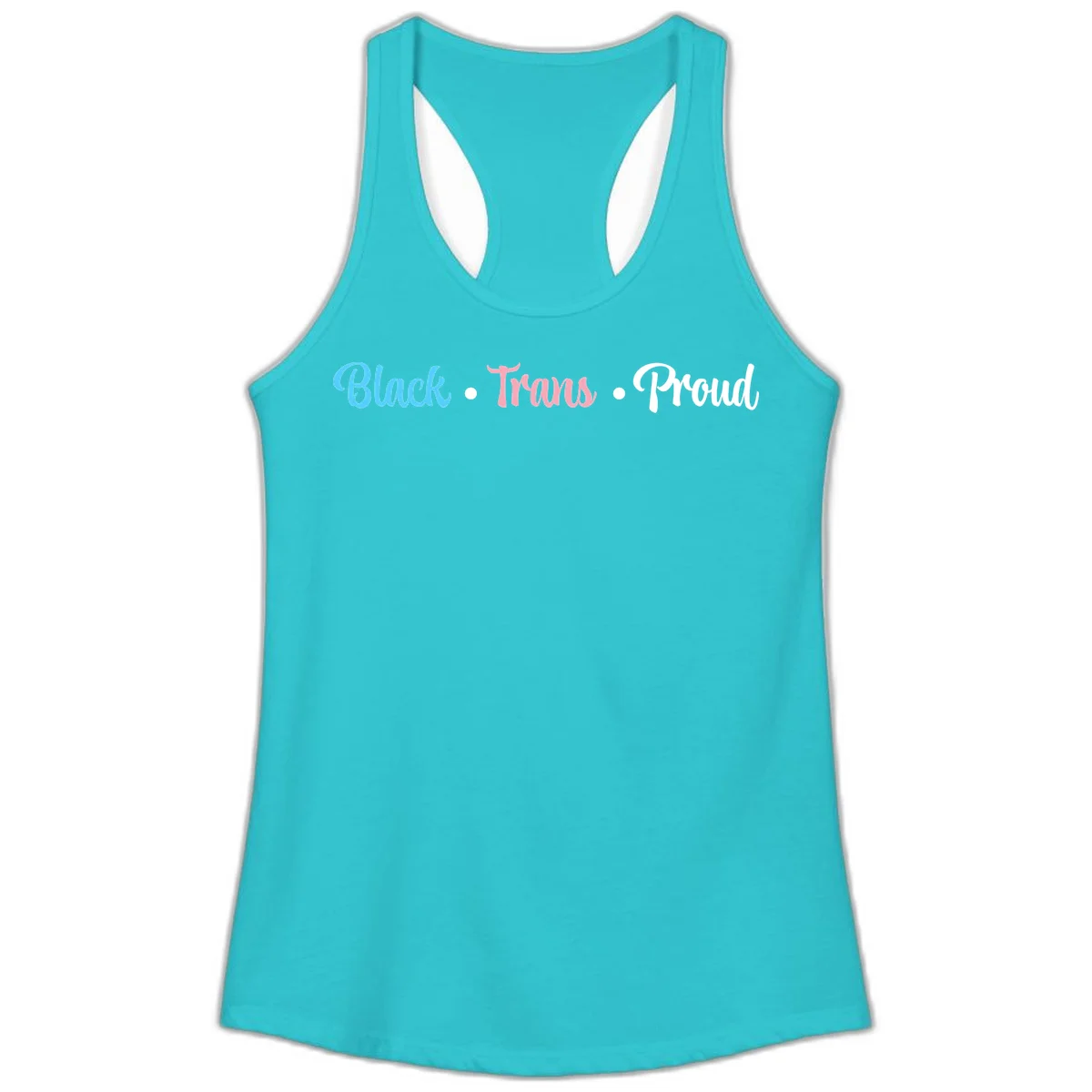 Black Trans Proud design with blue, pink, and white text on gray background, featuring decorative dots in Solid Tahiti Blue