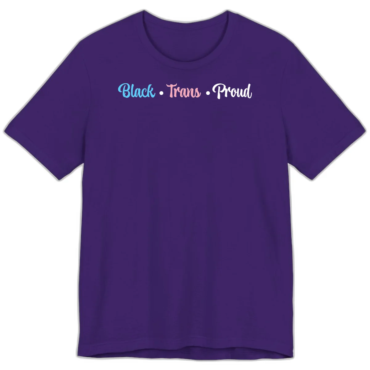 Black Trans Proud design with blue, pink, and white text on gray background, featuring decorative dots in Team Purple