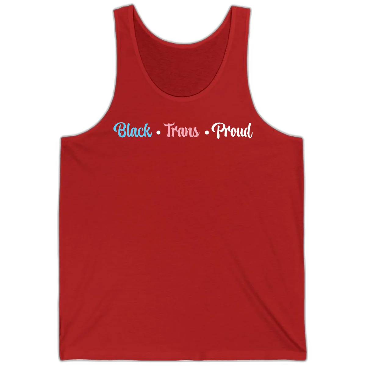 Black Trans Proud design with blue, pink, and white text on gray background, featuring decorative dots in Red