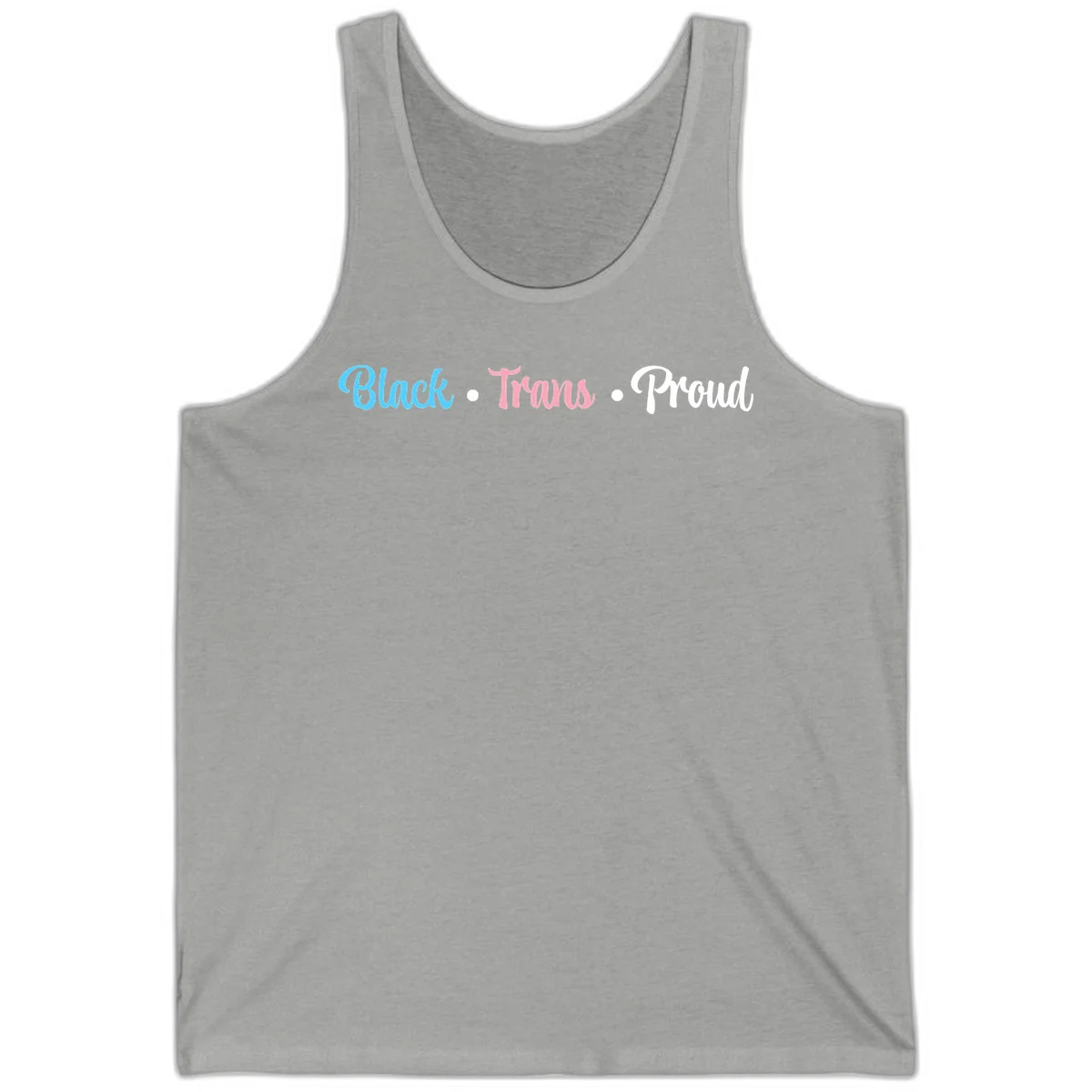 Black Trans Proud design with blue, pink, and white text on gray background, featuring decorative dots in Athletic Heather