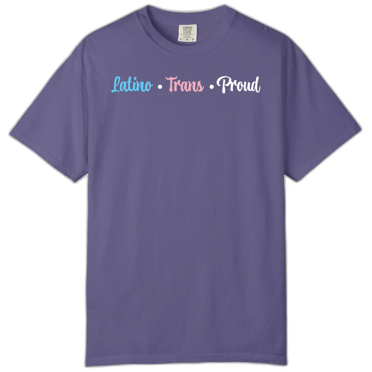 Latino Trans Proud design with blue, pink, and white script text on gray background celebrating LGBTQ identity in Grape