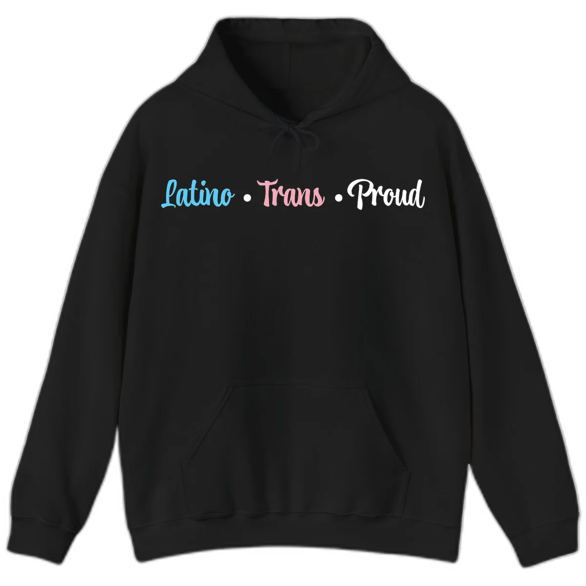 Latino Trans Proud design with blue, pink, and white script text on gray background celebrating LGBTQ identity in Black