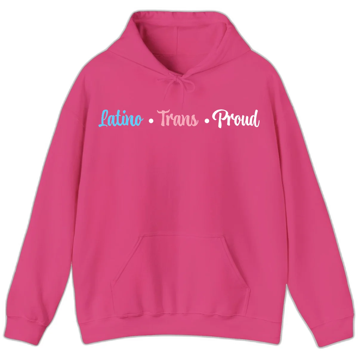 Latino Trans Proud design with blue, pink, and white script text on gray background celebrating LGBTQ identity in Heliconia