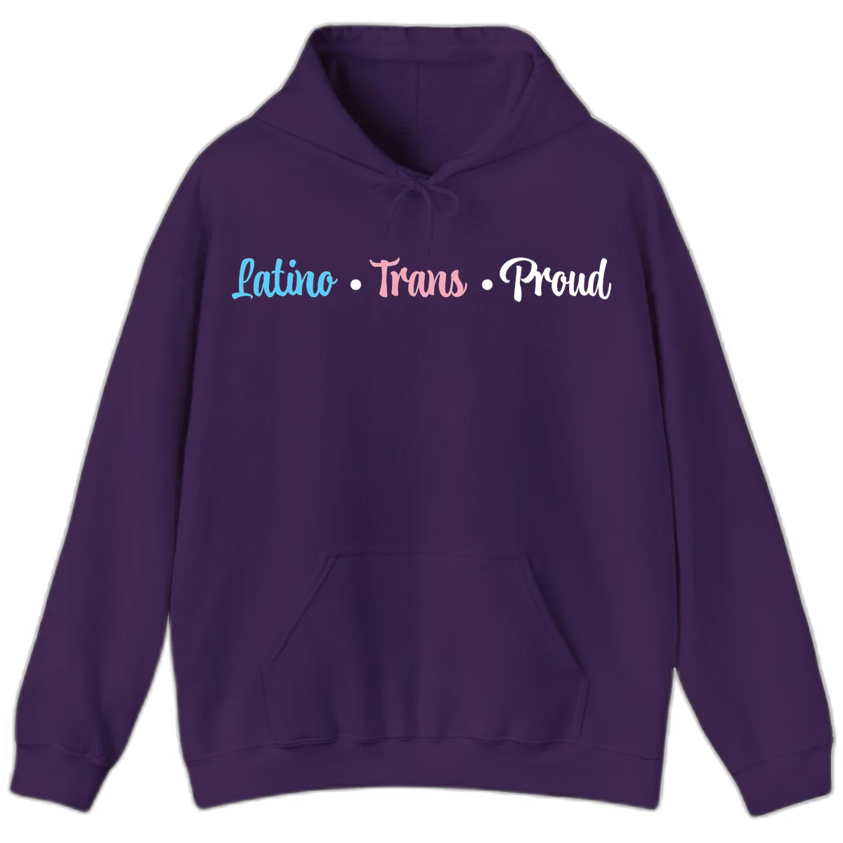 Latino Trans Proud design with blue, pink, and white script text on gray background celebrating LGBTQ identity in Purple