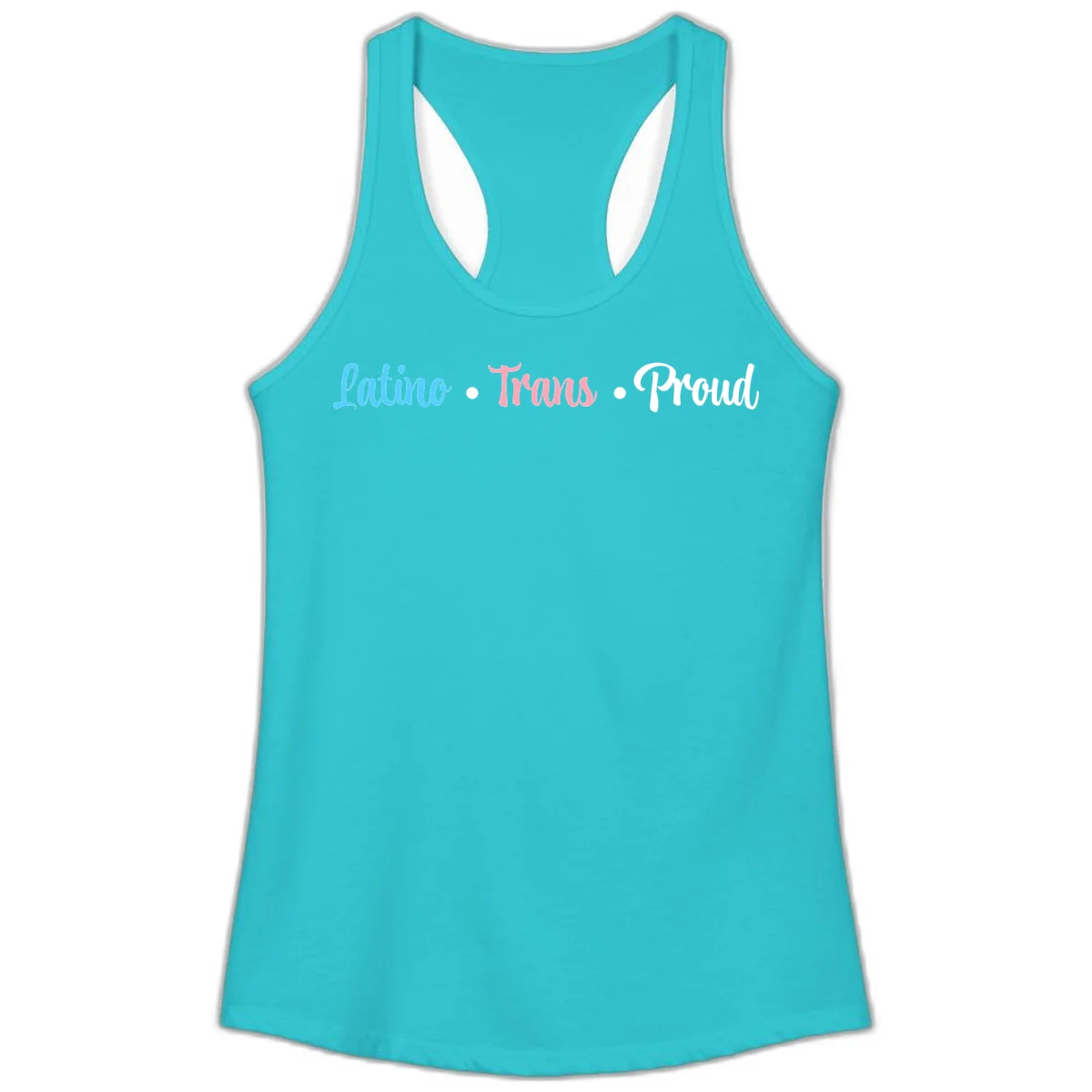 Latino Trans Proud design with blue, pink, and white script text on gray background celebrating LGBTQ identity in Solid Tahiti Blue