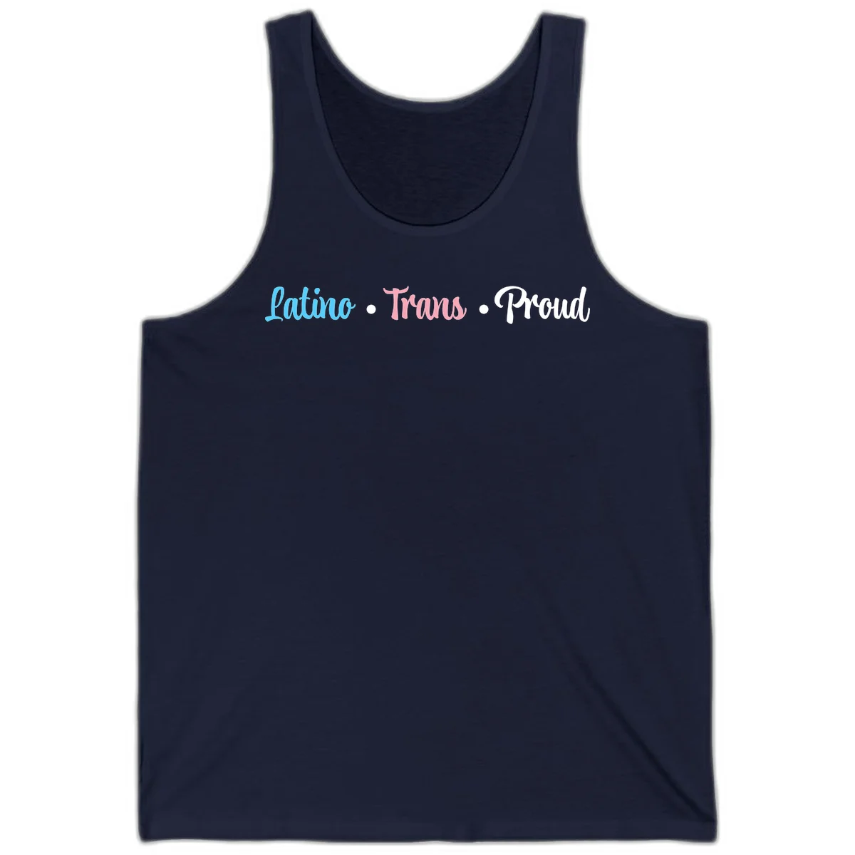 Latino Trans Proud design with blue, pink, and white script text on gray background celebrating LGBTQ identity in Navy