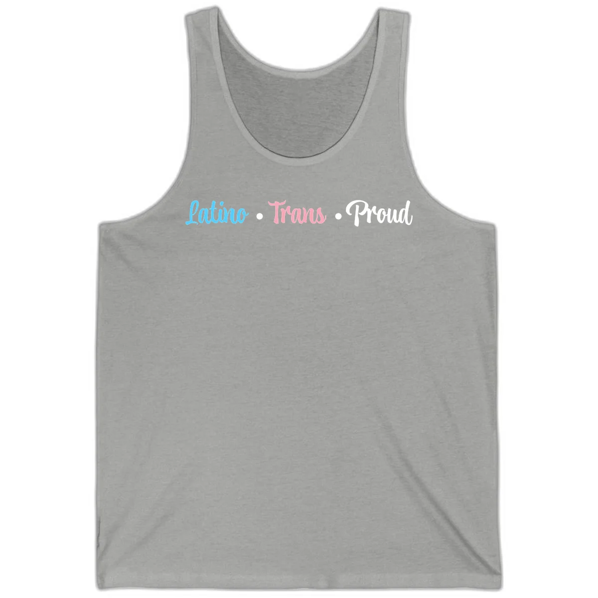 Latino Trans Proud design with blue, pink, and white script text on gray background celebrating LGBTQ identity in Athletic Heather