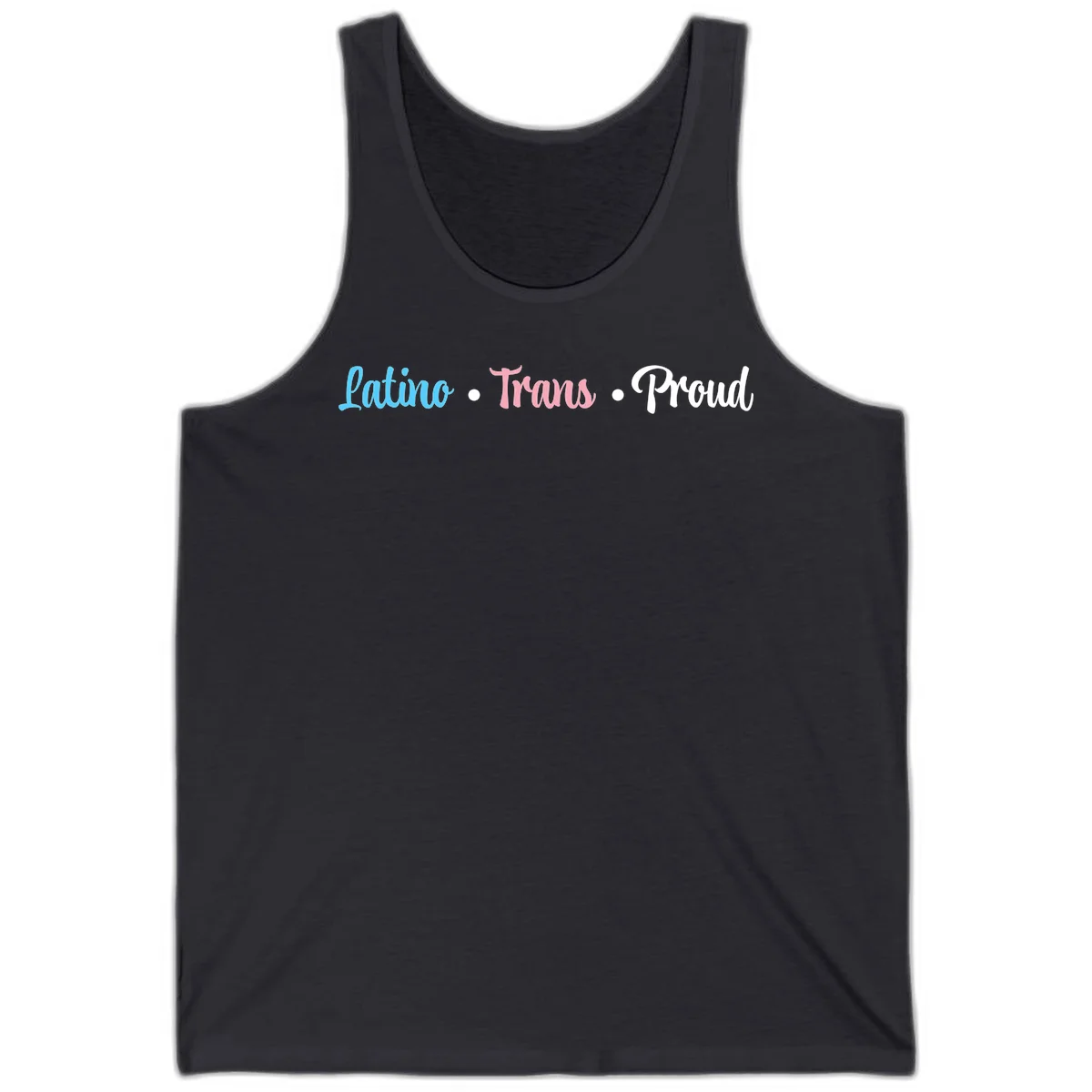 Latino Trans Proud design with blue, pink, and white script text on gray background celebrating LGBTQ identity in Dark Grey