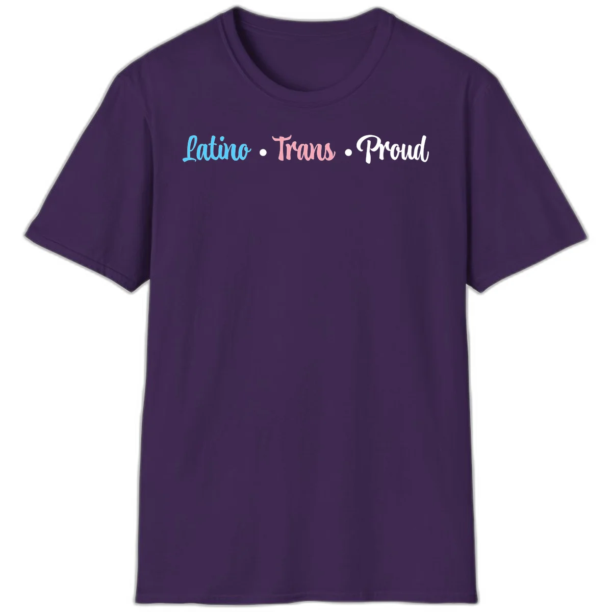 Latino Trans Proud design with blue, pink, and white script text on gray background celebrating LGBTQ identity in Purple