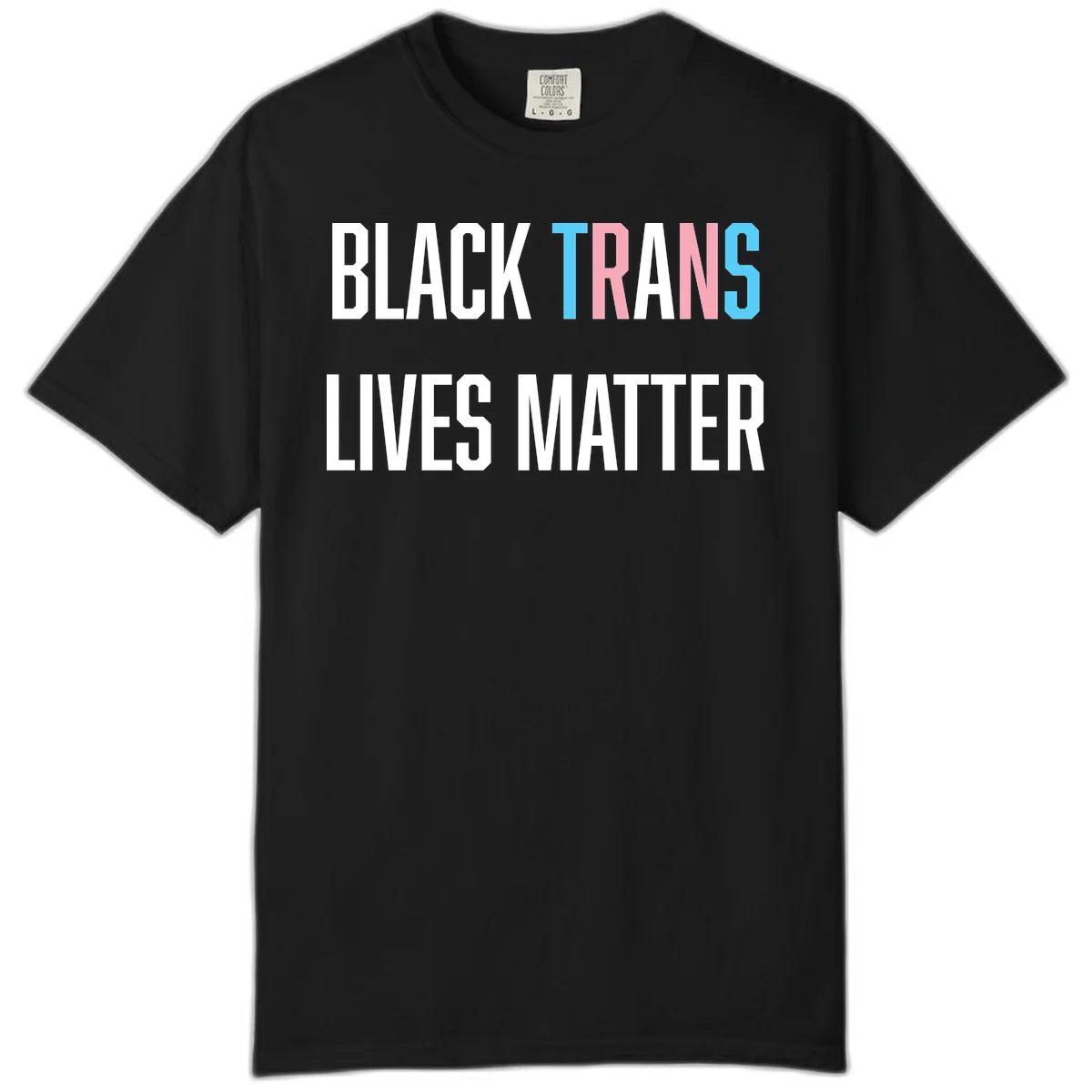 Bold typography design reading 'BLACK TRANS LIVES MATTER' with 'TRANS' in pink and cyan pride colors on gray background in Black