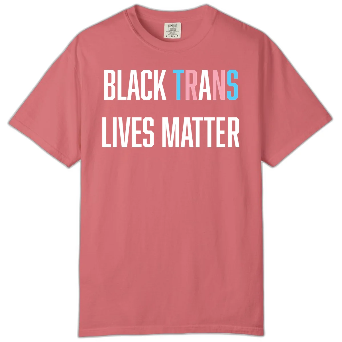 Bold typography design reading 'BLACK TRANS LIVES MATTER' with 'TRANS' in pink and cyan pride colors on gray background in Watermelon
