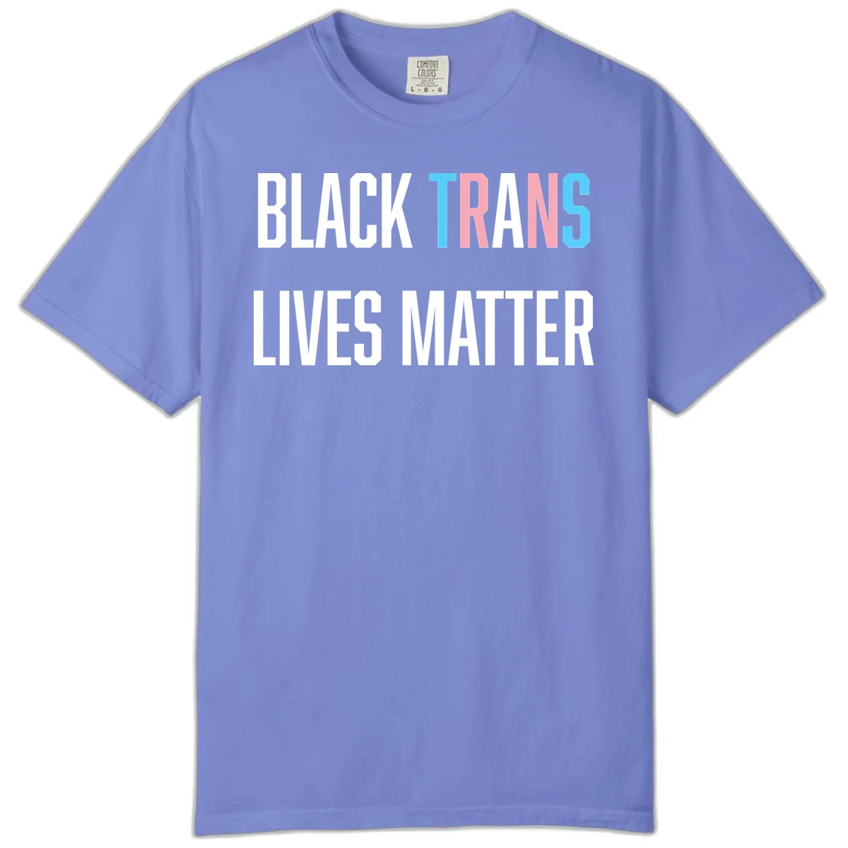 Bold typography design reading 'BLACK TRANS LIVES MATTER' with 'TRANS' in pink and cyan pride colors on gray background in Flo Blue