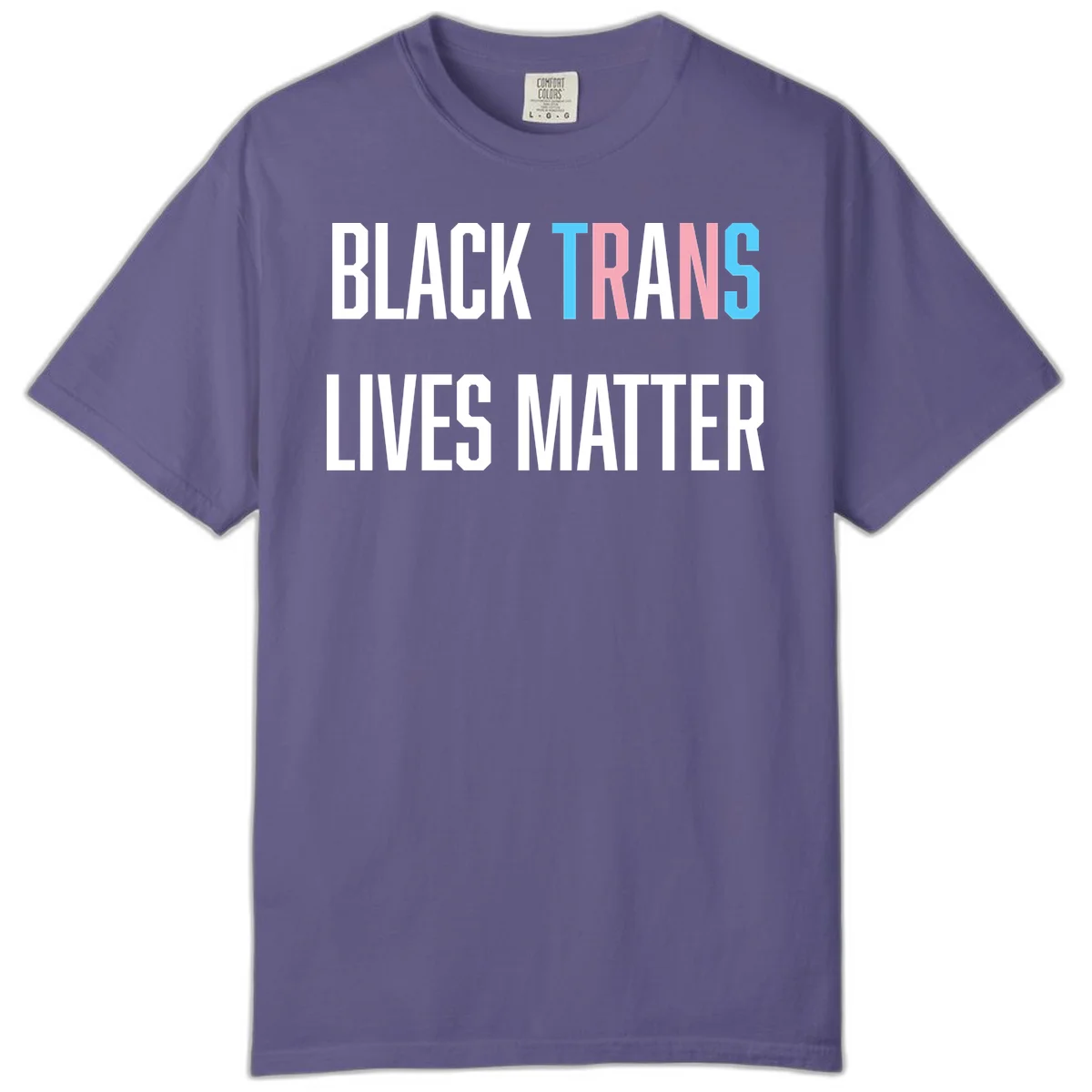 Bold typography design reading 'BLACK TRANS LIVES MATTER' with 'TRANS' in pink and cyan pride colors on gray background in Grape