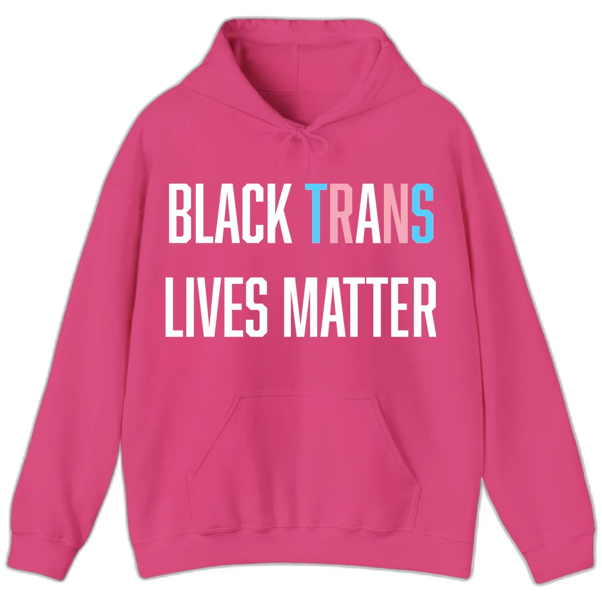 Bold typography design reading 'BLACK TRANS LIVES MATTER' with 'TRANS' in pink and cyan pride colors on gray background in Heliconia