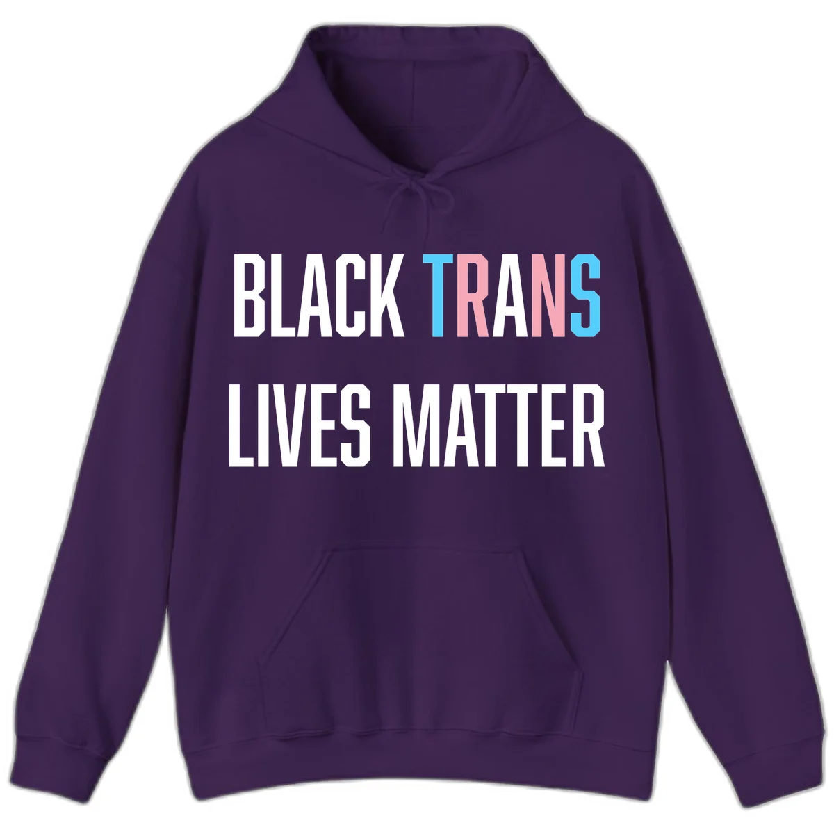 Bold typography design reading 'BLACK TRANS LIVES MATTER' with 'TRANS' in pink and cyan pride colors on gray background in Purple