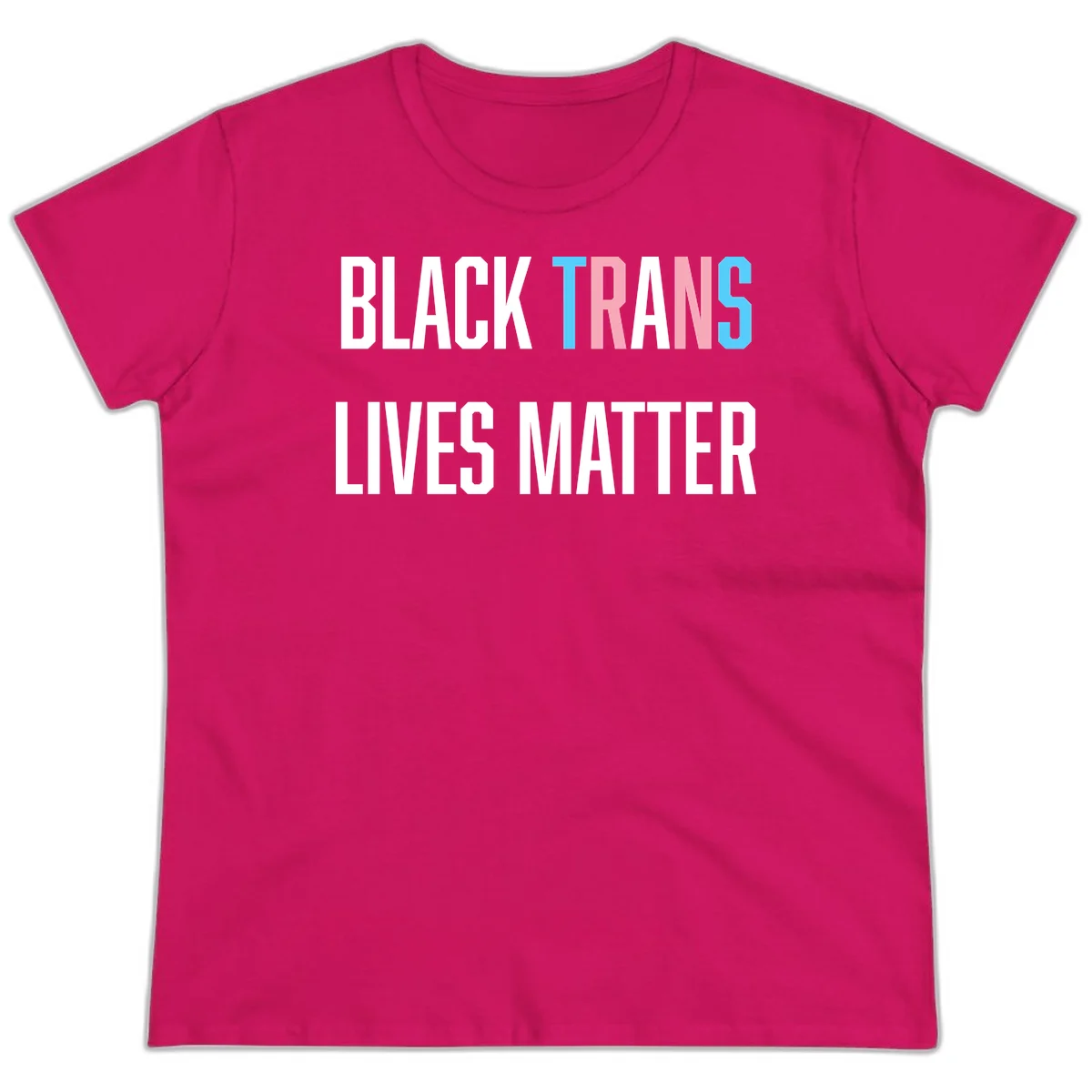 Bold typography design reading 'BLACK TRANS LIVES MATTER' with 'TRANS' in pink and cyan pride colors on gray background in Heliconia