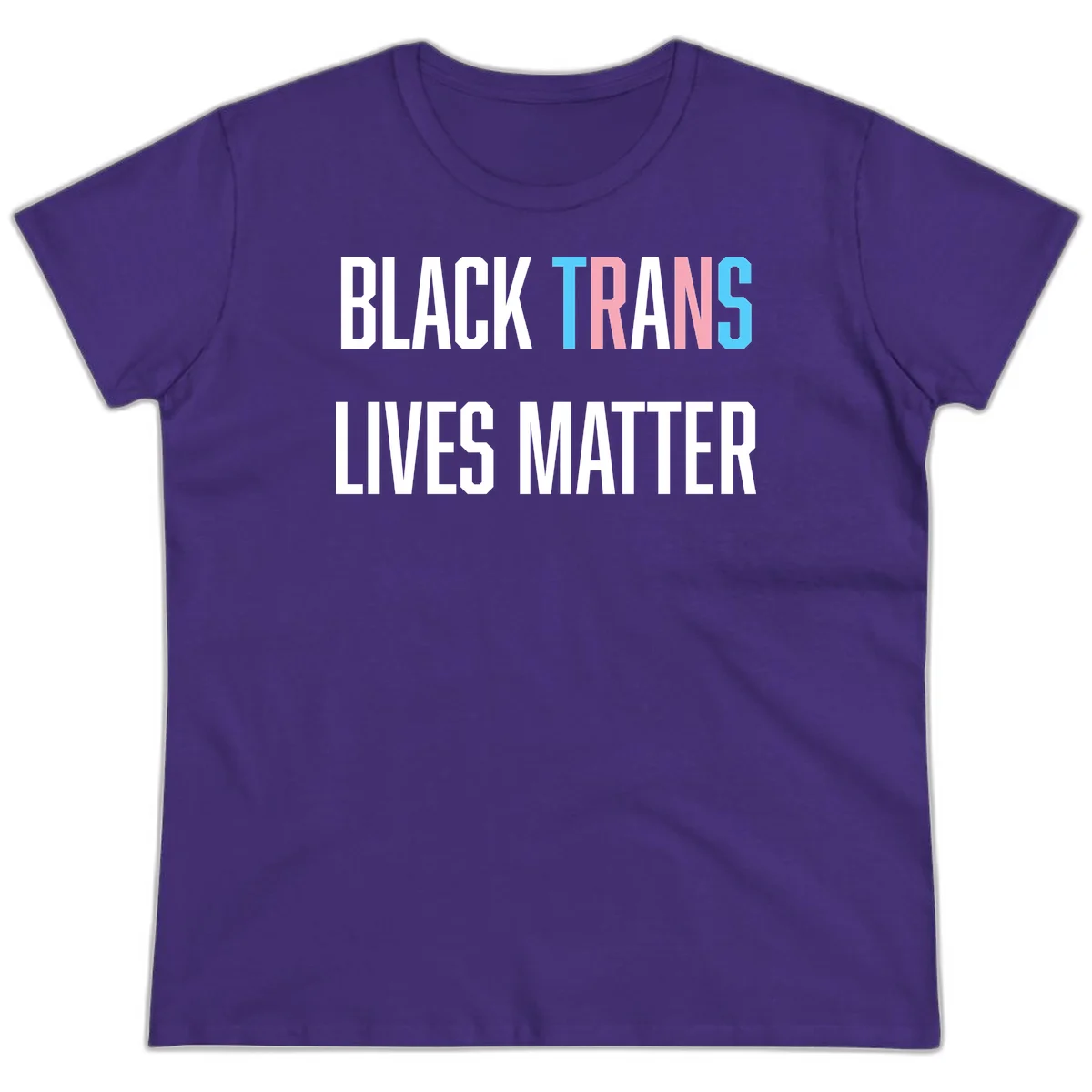 Bold typography design reading 'BLACK TRANS LIVES MATTER' with 'TRANS' in pink and cyan pride colors on gray background in Purple