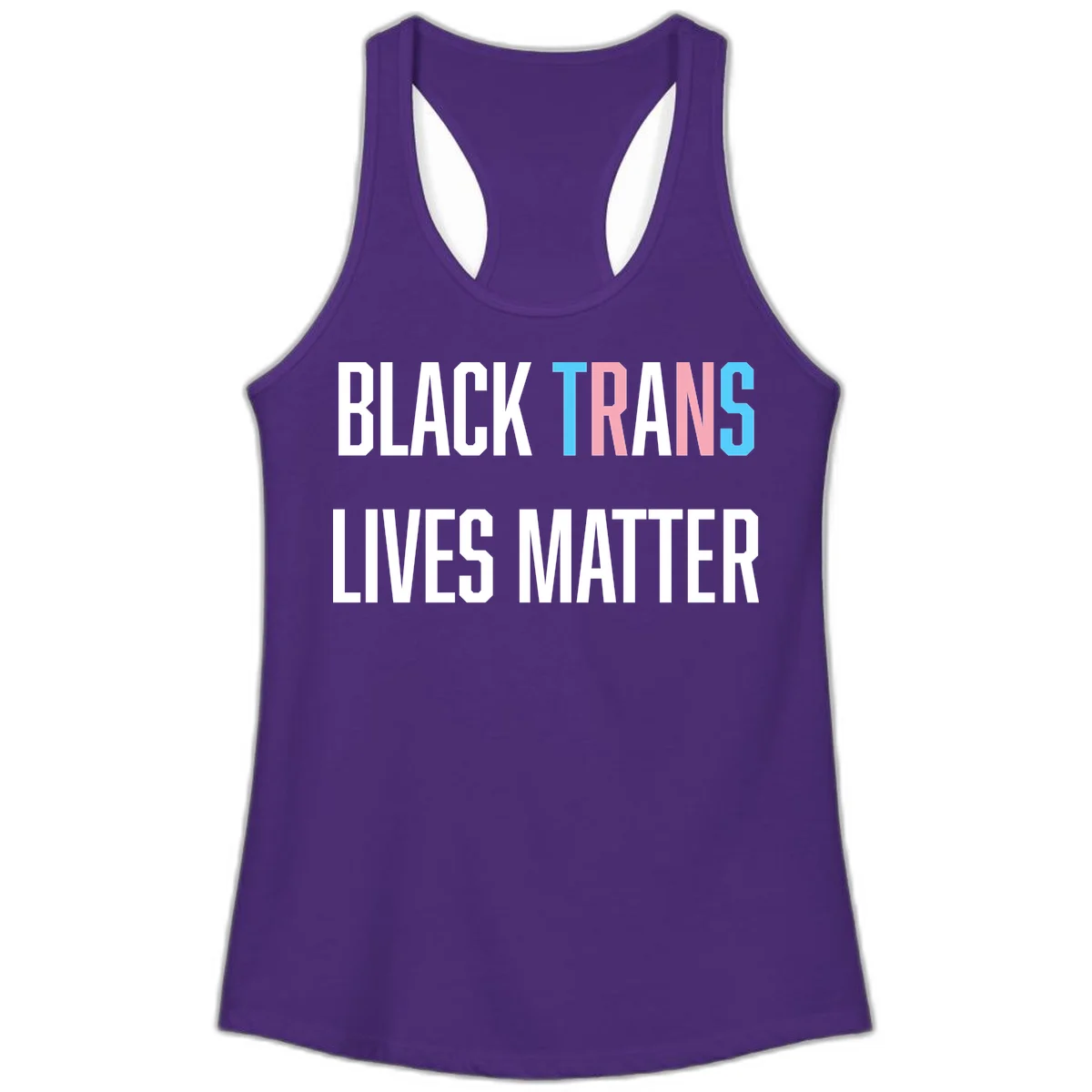 Bold typography design reading 'BLACK TRANS LIVES MATTER' with 'TRANS' in pink and cyan pride colors on gray background in Solid Purple Rush