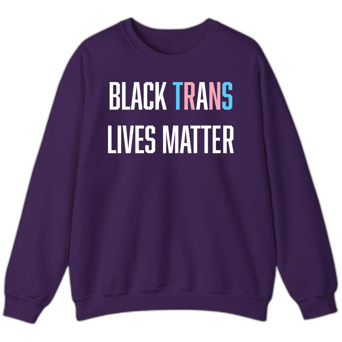 Bold typography design reading 'BLACK TRANS LIVES MATTER' with 'TRANS' in pink and cyan pride colors on gray background in Purple
