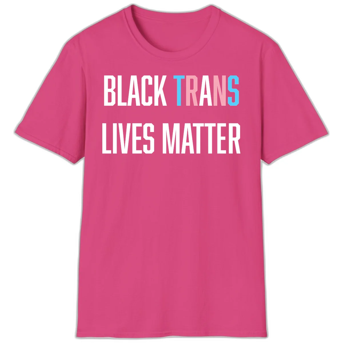 Bold typography design reading 'BLACK TRANS LIVES MATTER' with 'TRANS' in pink and cyan pride colors on gray background in Heliconia