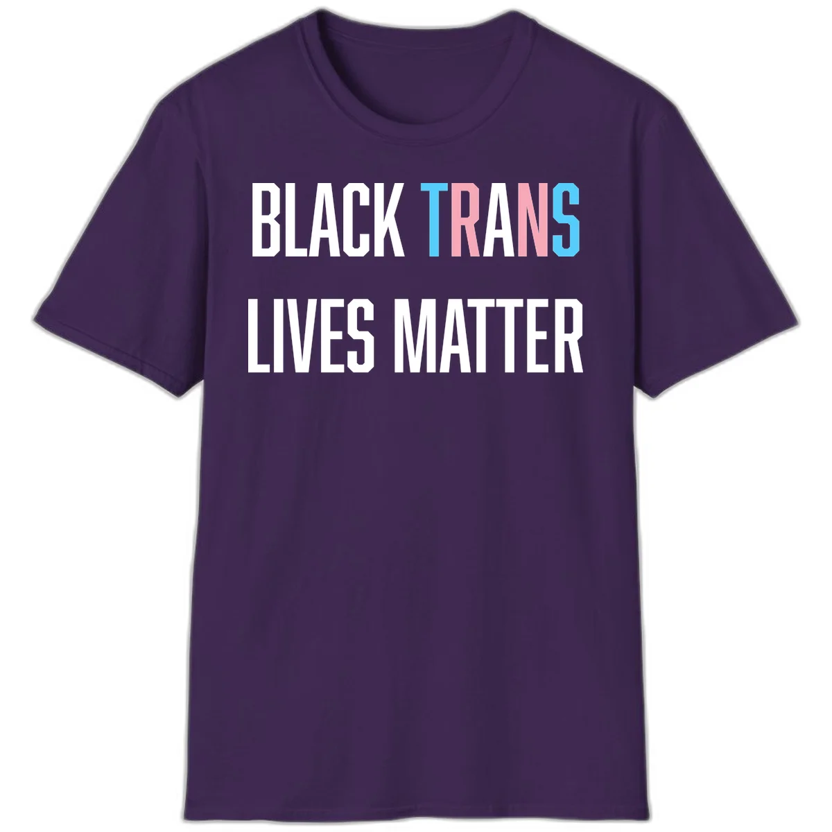 Bold typography design reading 'BLACK TRANS LIVES MATTER' with 'TRANS' in pink and cyan pride colors on gray background in Purple