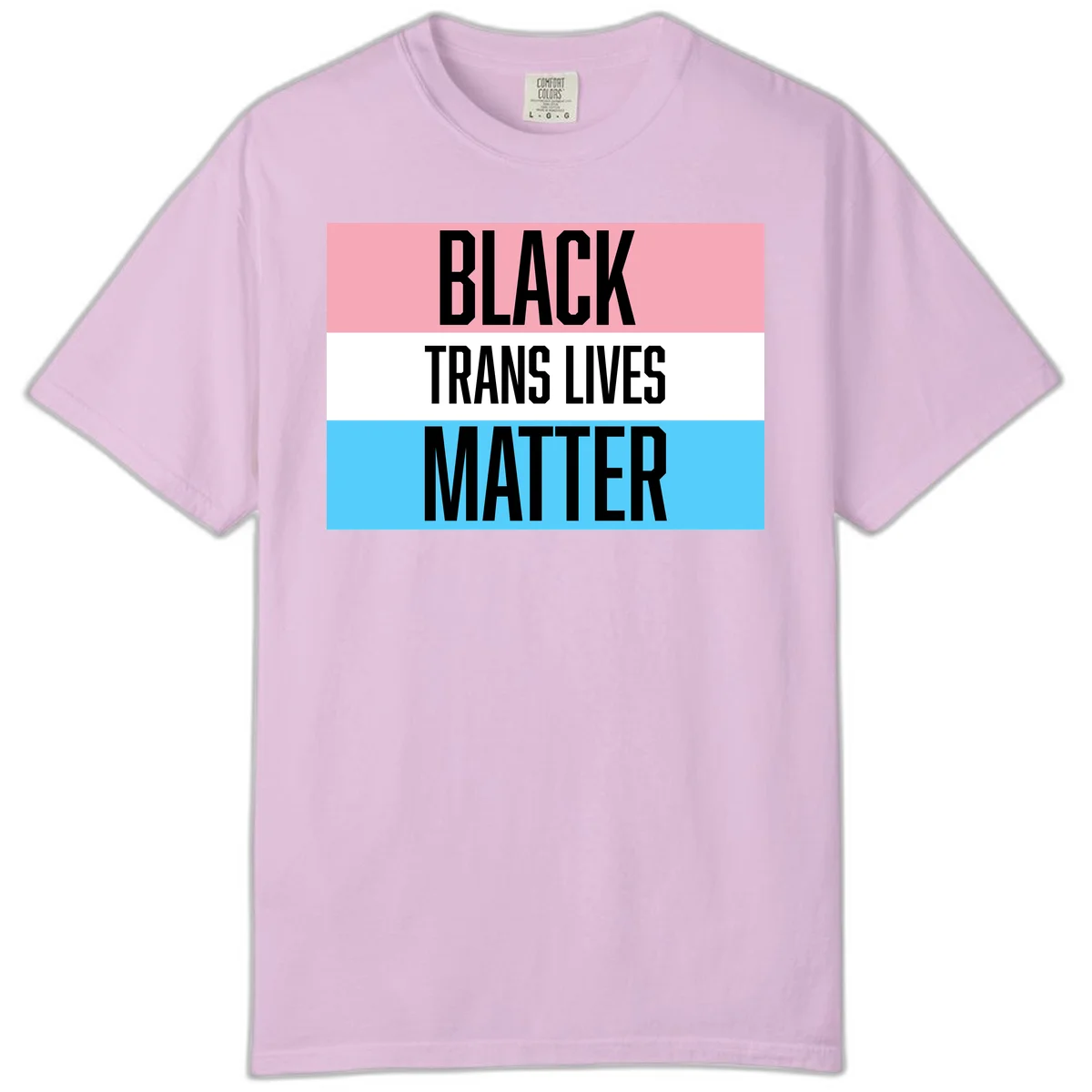 Black Trans Lives Matter design with bold text on trans pride flag colored horizontal stripes: pink, white, and blue in Orchid