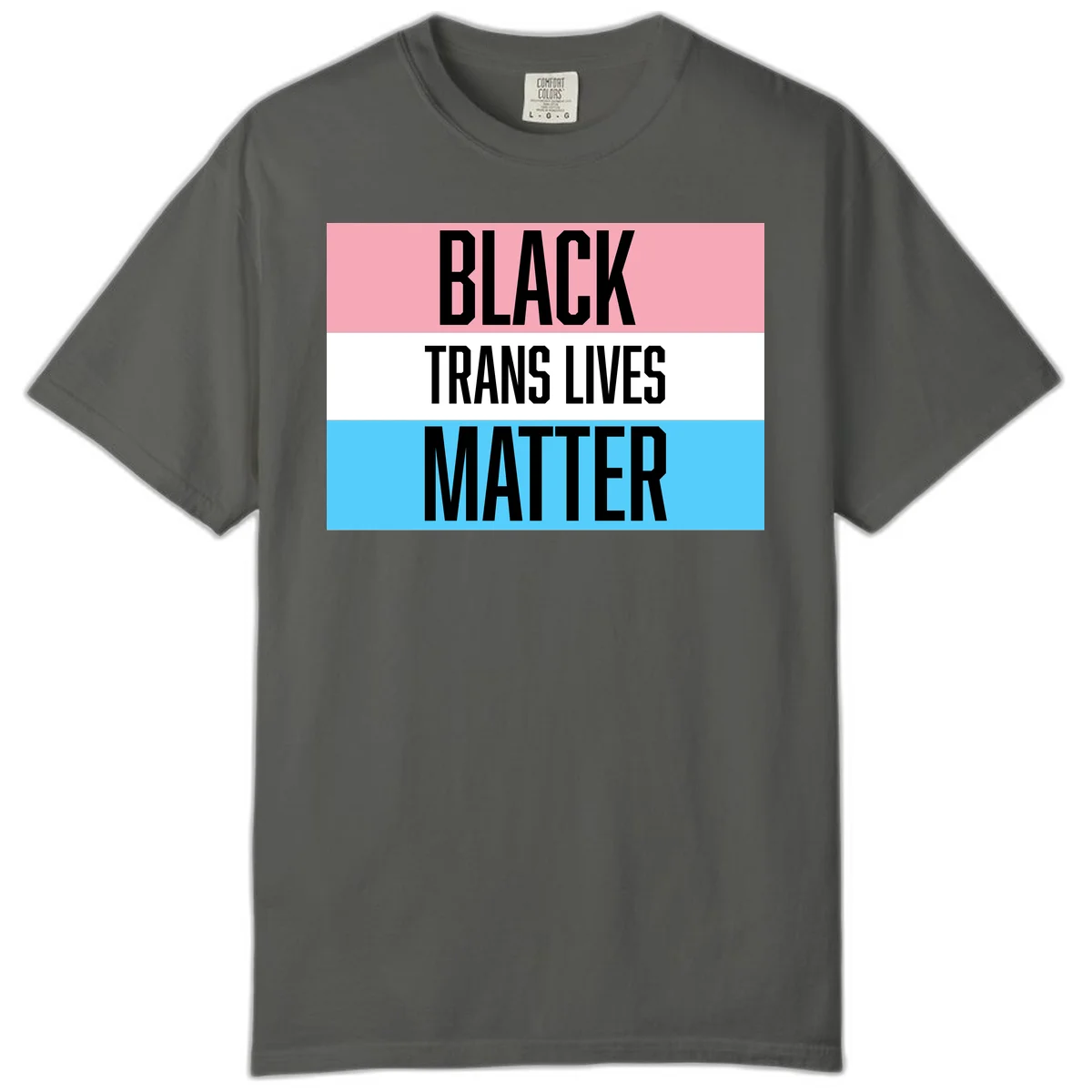 Black Trans Lives Matter design with bold text on trans pride flag colored horizontal stripes: pink, white, and blue in Pepper
