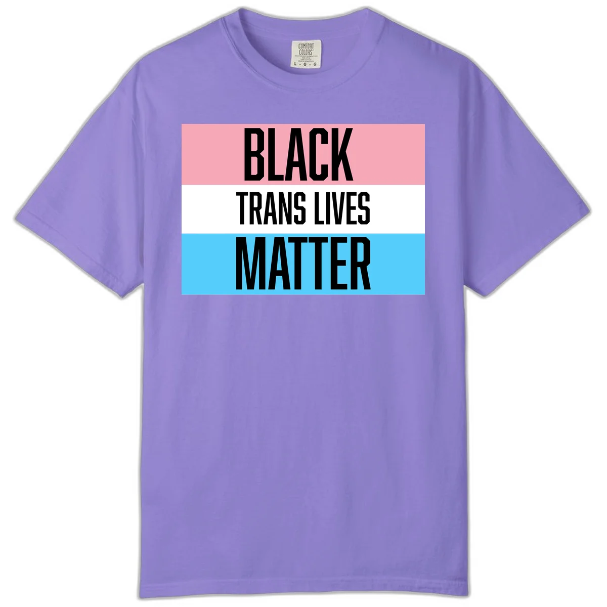 Black Trans Lives Matter design with bold text on trans pride flag colored horizontal stripes: pink, white, and blue in Violet