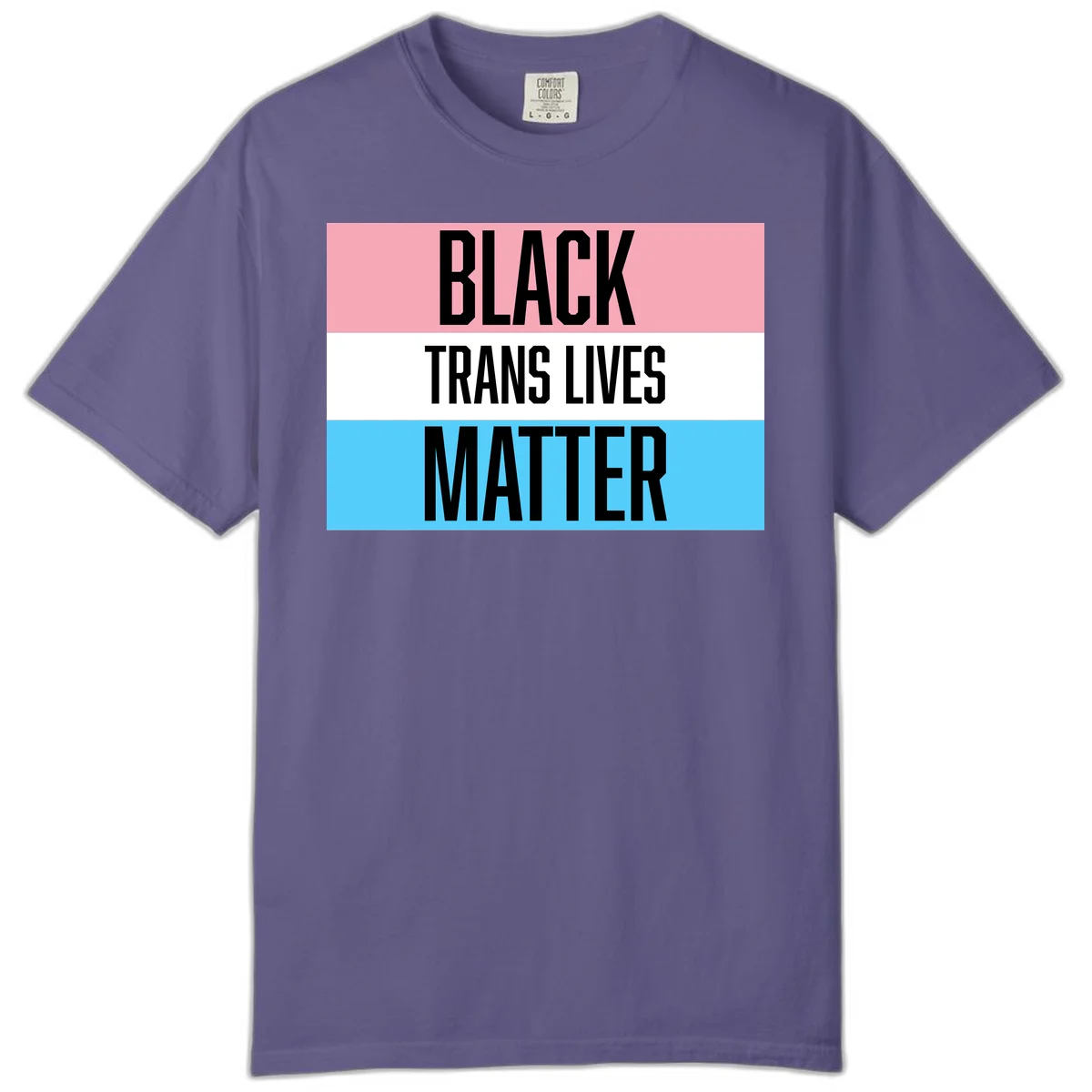 Black Trans Lives Matter design with bold text on trans pride flag colored horizontal stripes: pink, white, and blue in Grape