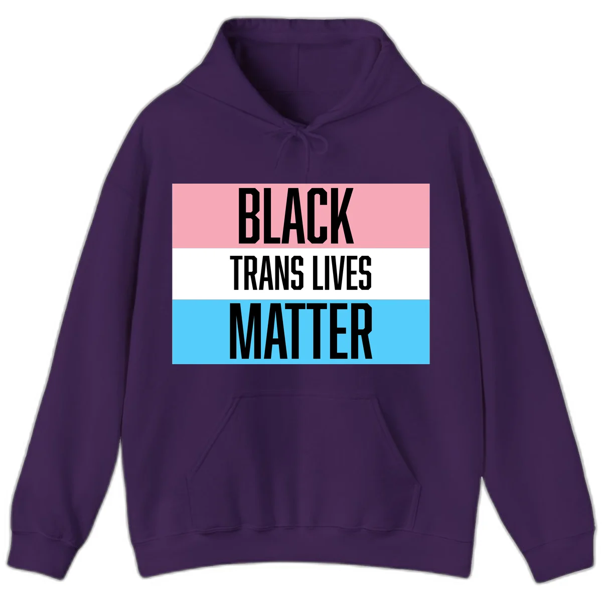 Black Trans Lives Matter design with bold text on trans pride flag colored horizontal stripes: pink, white, and blue in Purple