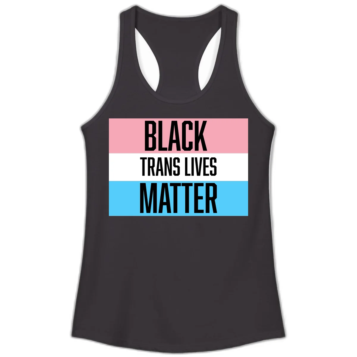 Black Trans Lives Matter design with bold text on trans pride flag colored horizontal stripes: pink, white, and blue in Black