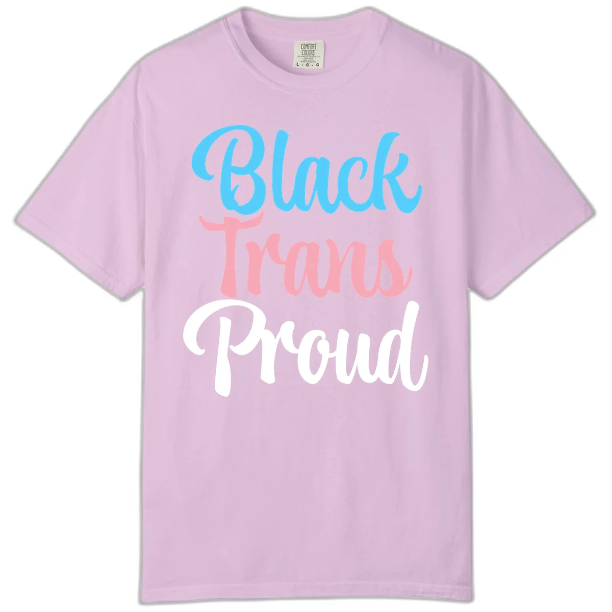 Block Tram Squad design with stacked text in cyan, pink, and white on gray background in Orchid